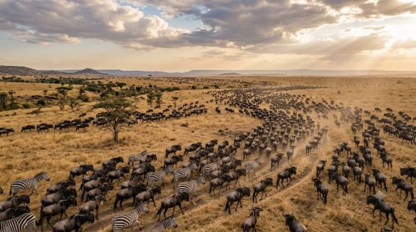Massive herd of wildebeest and zebras stretching to the horizon, featured in this Serengeti Migration Guide
